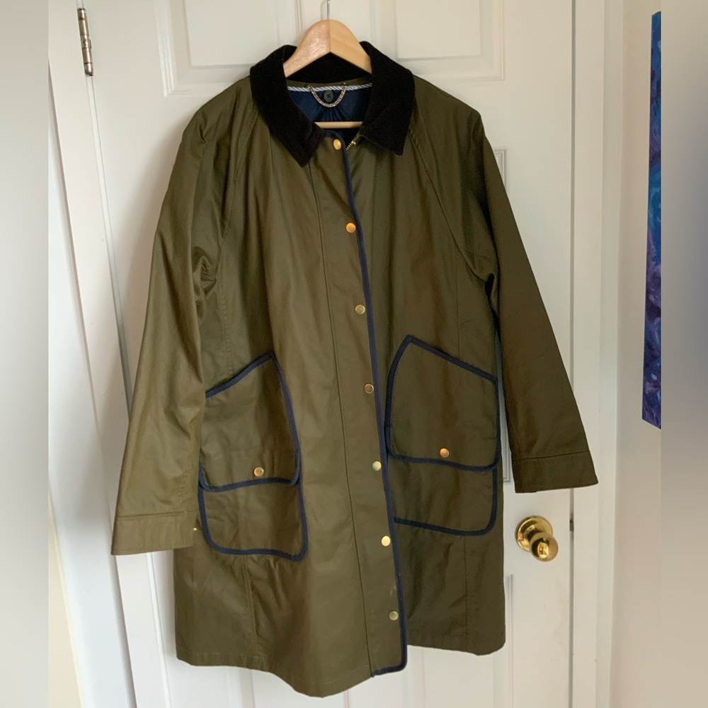 J. Crew Olive Green Long Barn Coat Trench Coat with Contrast Collar